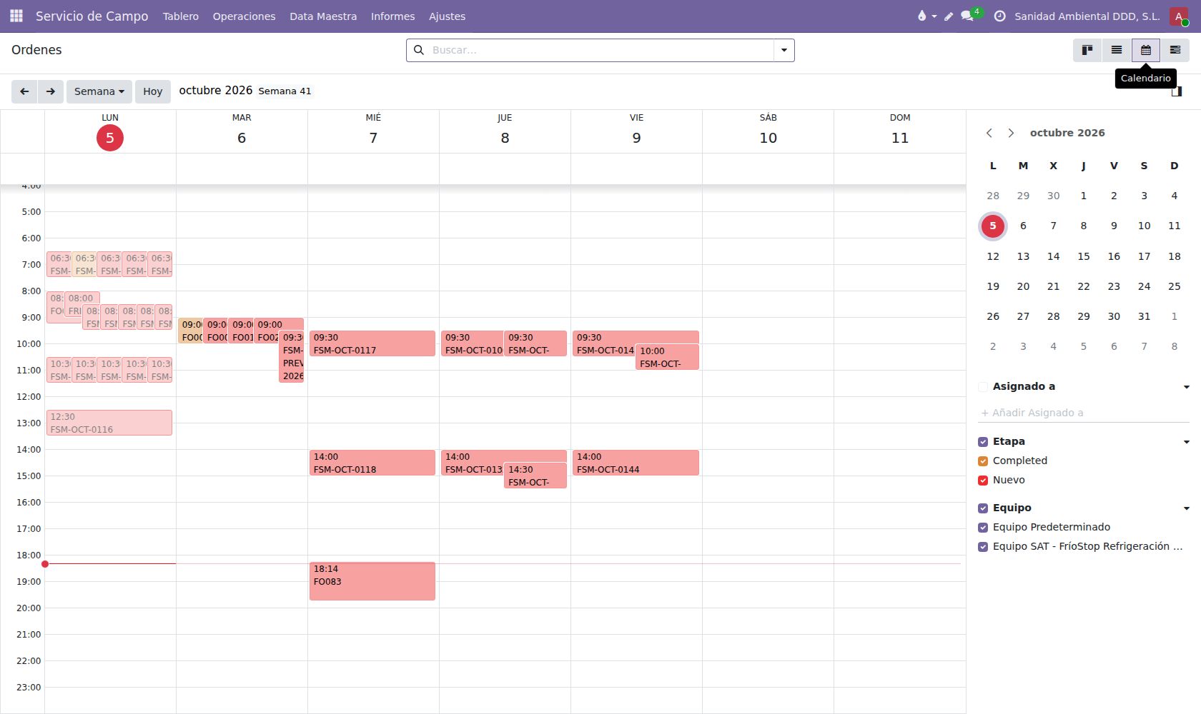 Calendario semanal de órdenes.