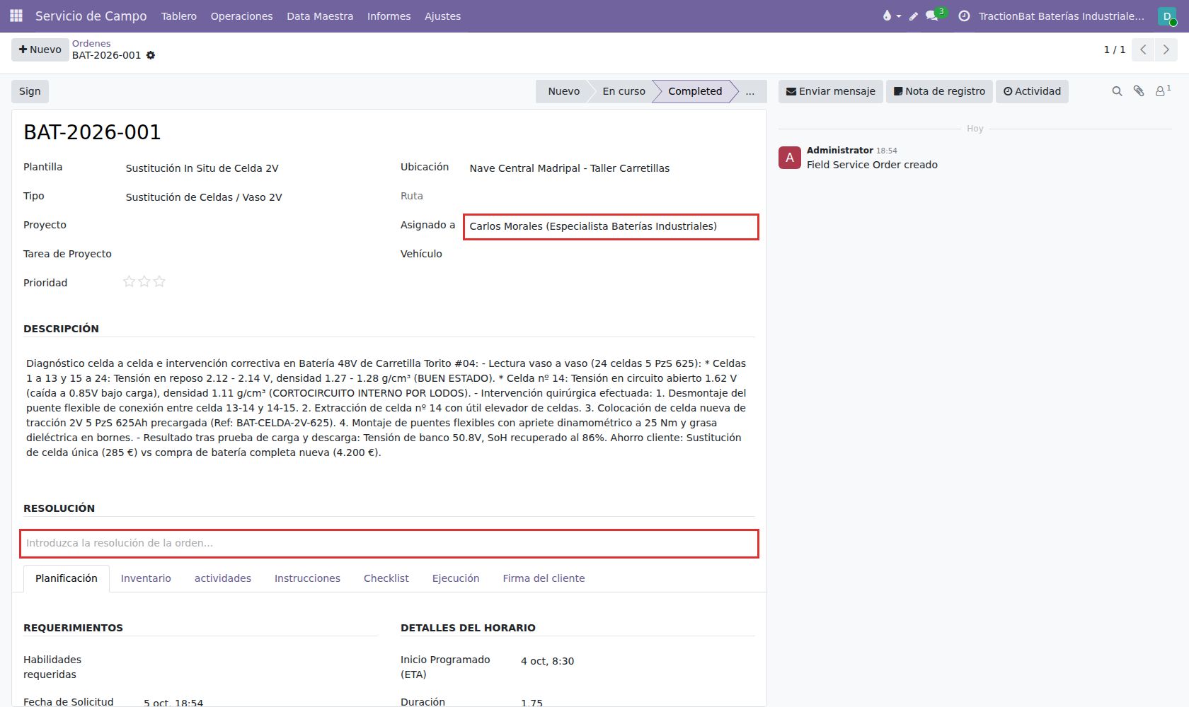 Orden BAT-2026-001: diagnóstico de densidad y voltaje celda a celda identificando el vaso defectuoso.