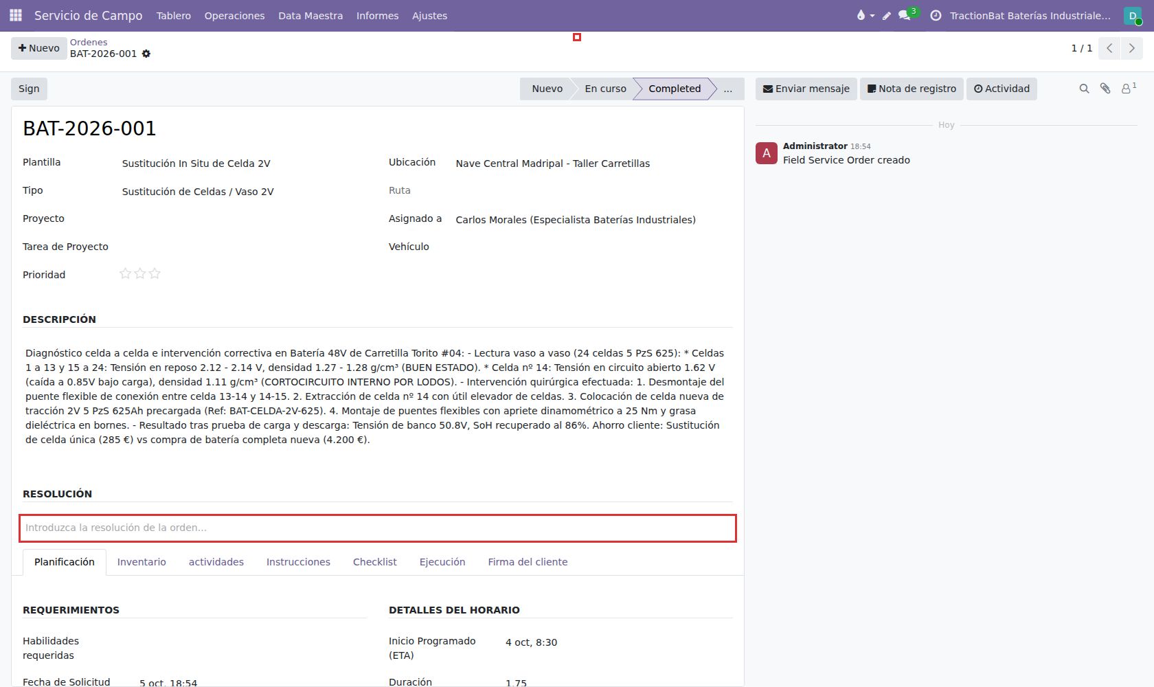 Orden BAT-2026-003: sustitución de celda defectuosa con desglose de repuesto y mano de obra.