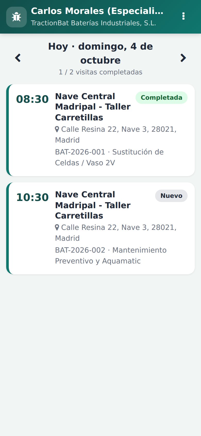 App Móvil - Agenda diaria: intervenciones SAT en plataformas logísticas con horarios y ubicaciones.