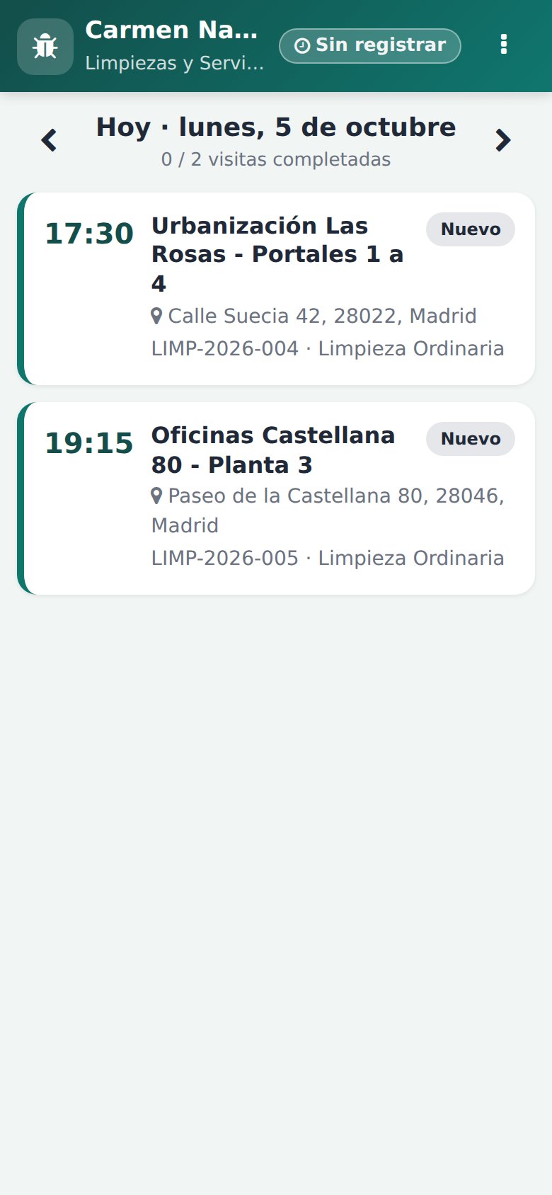 App Móvil - Pantalla del día: ronda secuenciada de 5 visitas de limpieza con horarios y direcciones.