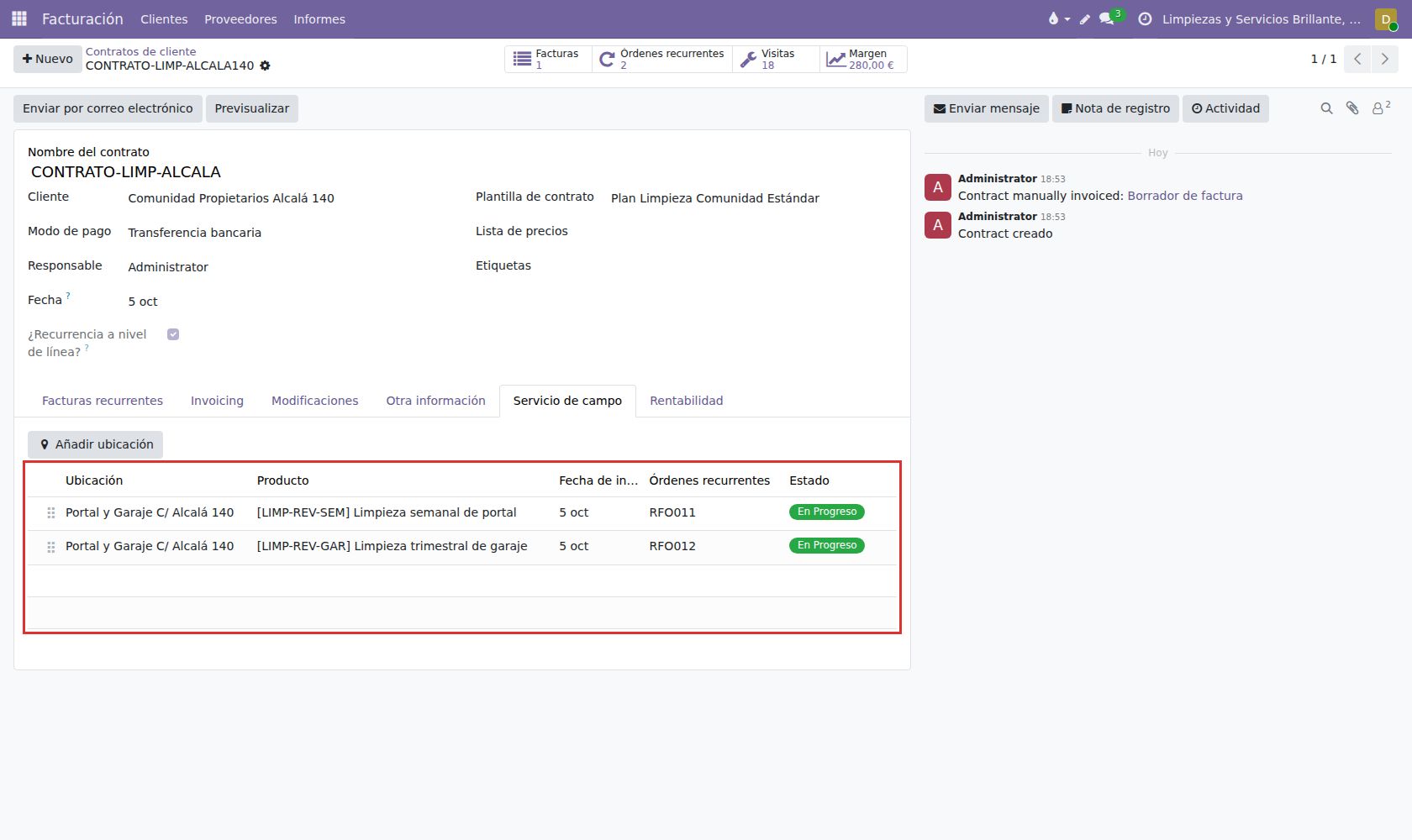Estructura multi-servicio en el contrato: portal semanal y garaje comunitario trimestral.