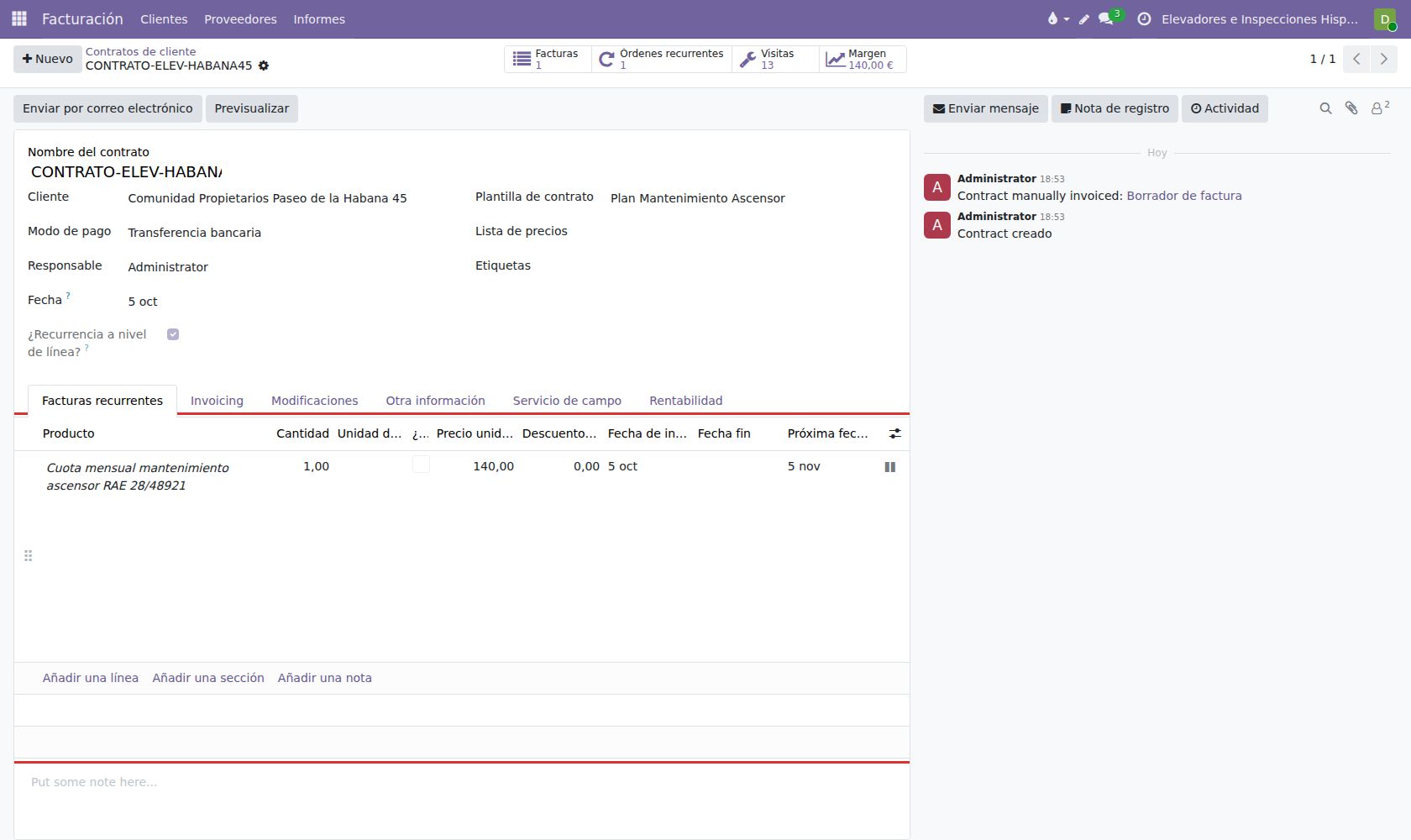 Contrato CONTRATO-ELEV-HABANA45: cuota mensual de 150 € y facturación automatizada.