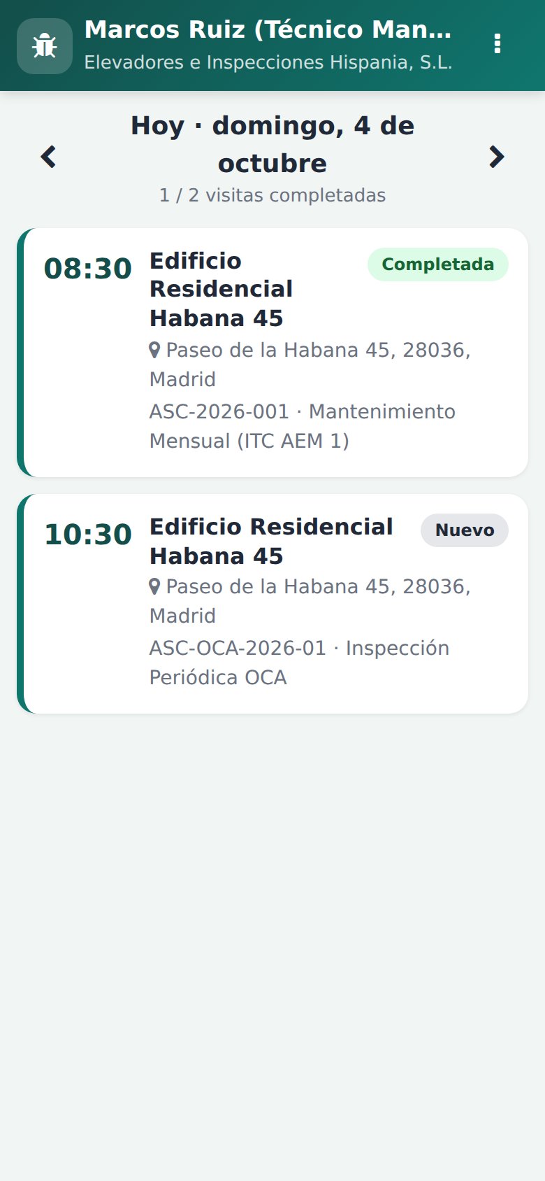 App Móvil - Agenda diaria: ruta de revisiones periódicas con horarios y datos de la comunidad.
