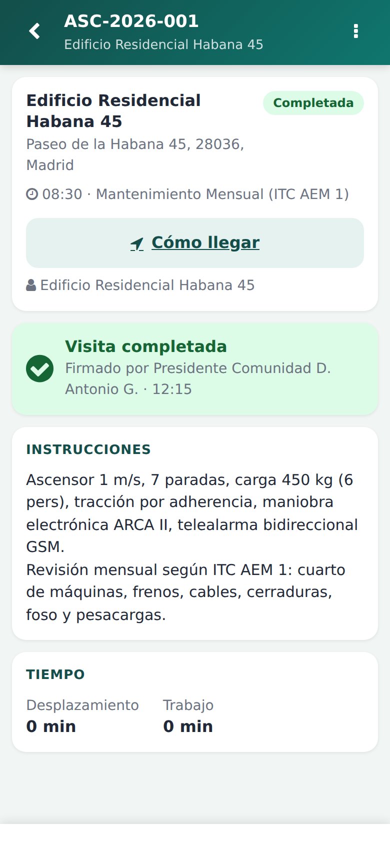 App Móvil - Ficha de la visita: check-in con un toque, instrucciones de acceso y control horario en vivo.