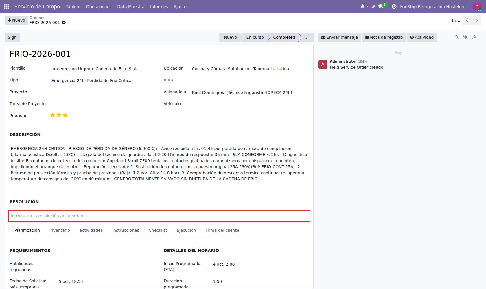 Resolución técnica: sustitución de contactor quemado y comprobación de ciclo frigorífico.