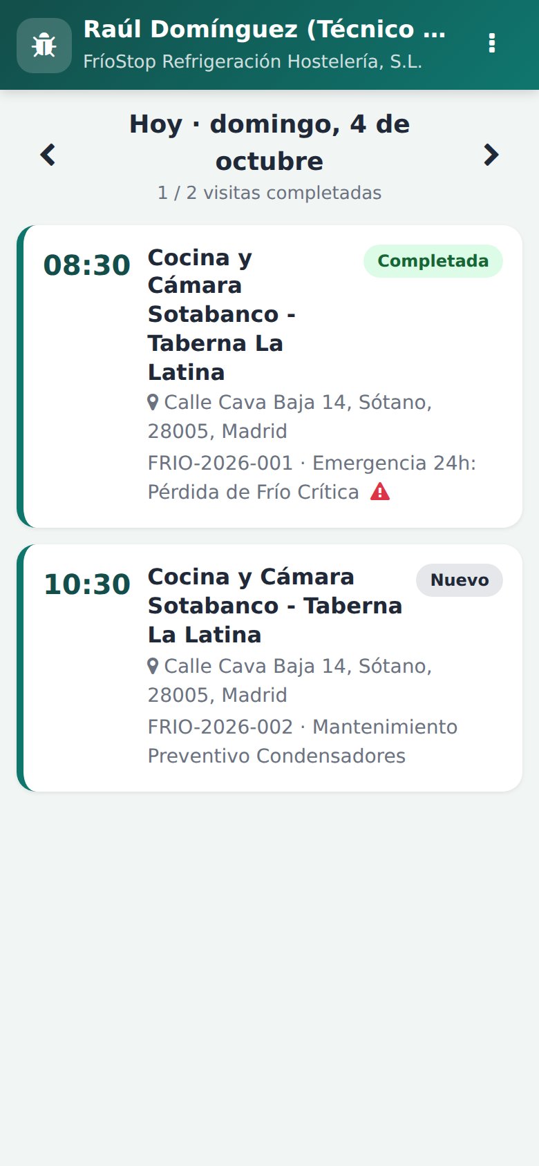 App Móvil - Agenda diaria: avisos nocturnos de hostelería con SLA y direcciones.