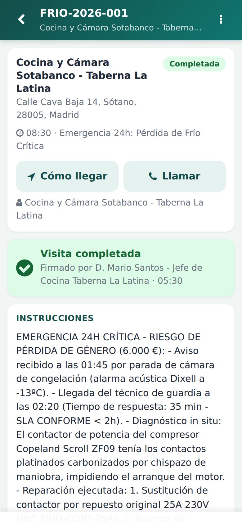 App Móvil - Ficha de la visita: check-in con un toque, detalles de la máquina y cronómetro en vivo.