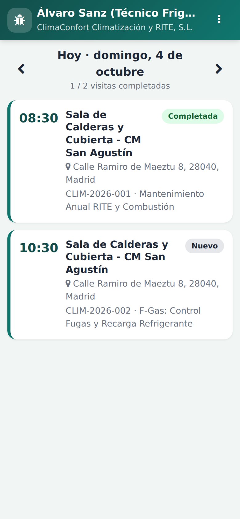 App Móvil - Agenda diaria: ruta de revisiones RITE con horarios y ubicaciones de salas técnicas.
