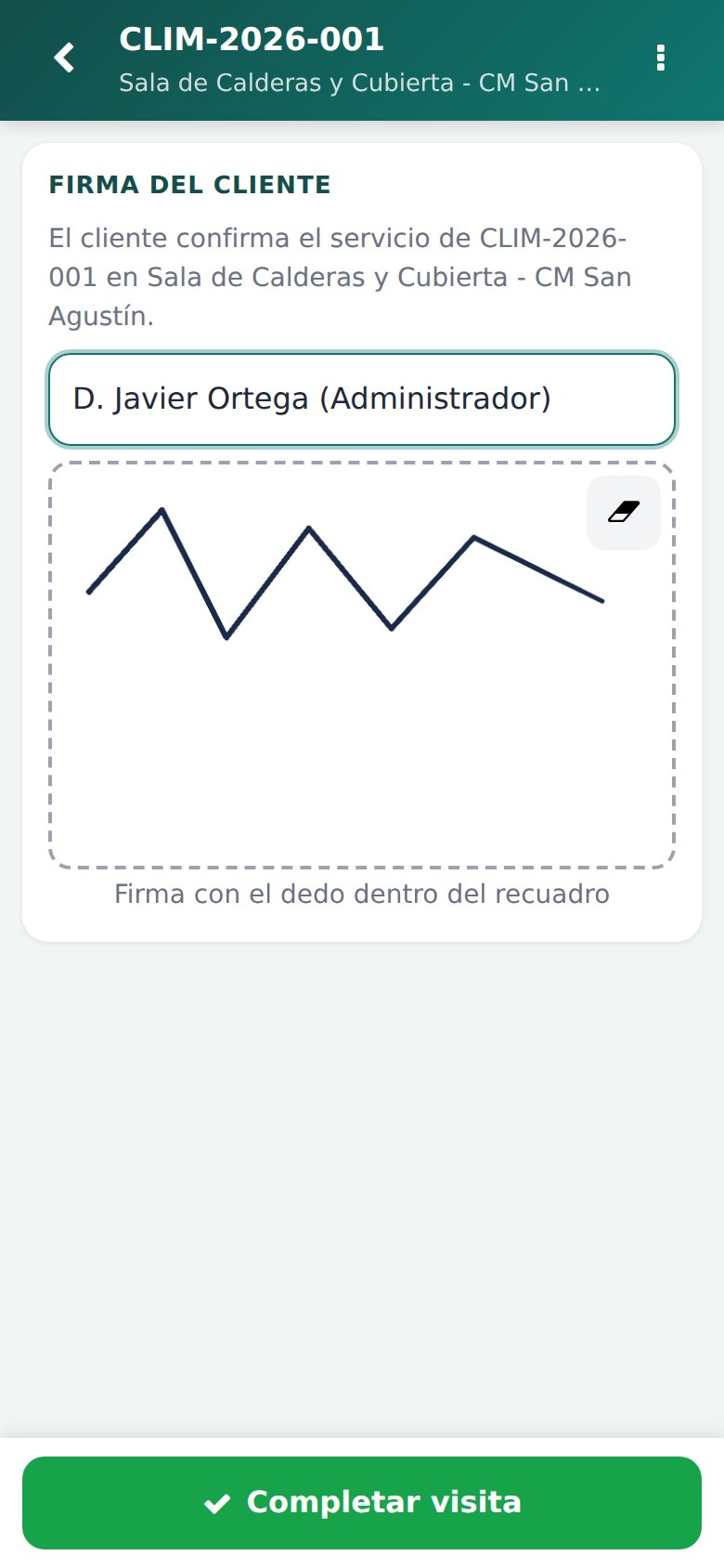 App Móvil - Firma táctil en pantalla y check-out: validación directa de D. Javier Ortega.