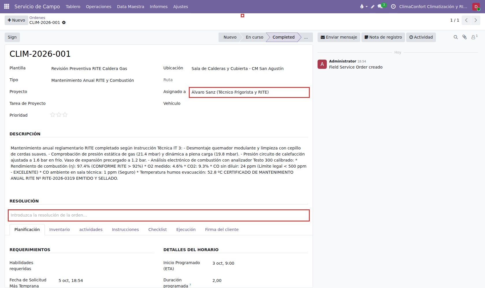 Orden de reparación urgente: sustitución de electrodo de ionización y comprobación de presión de rampa de gas.