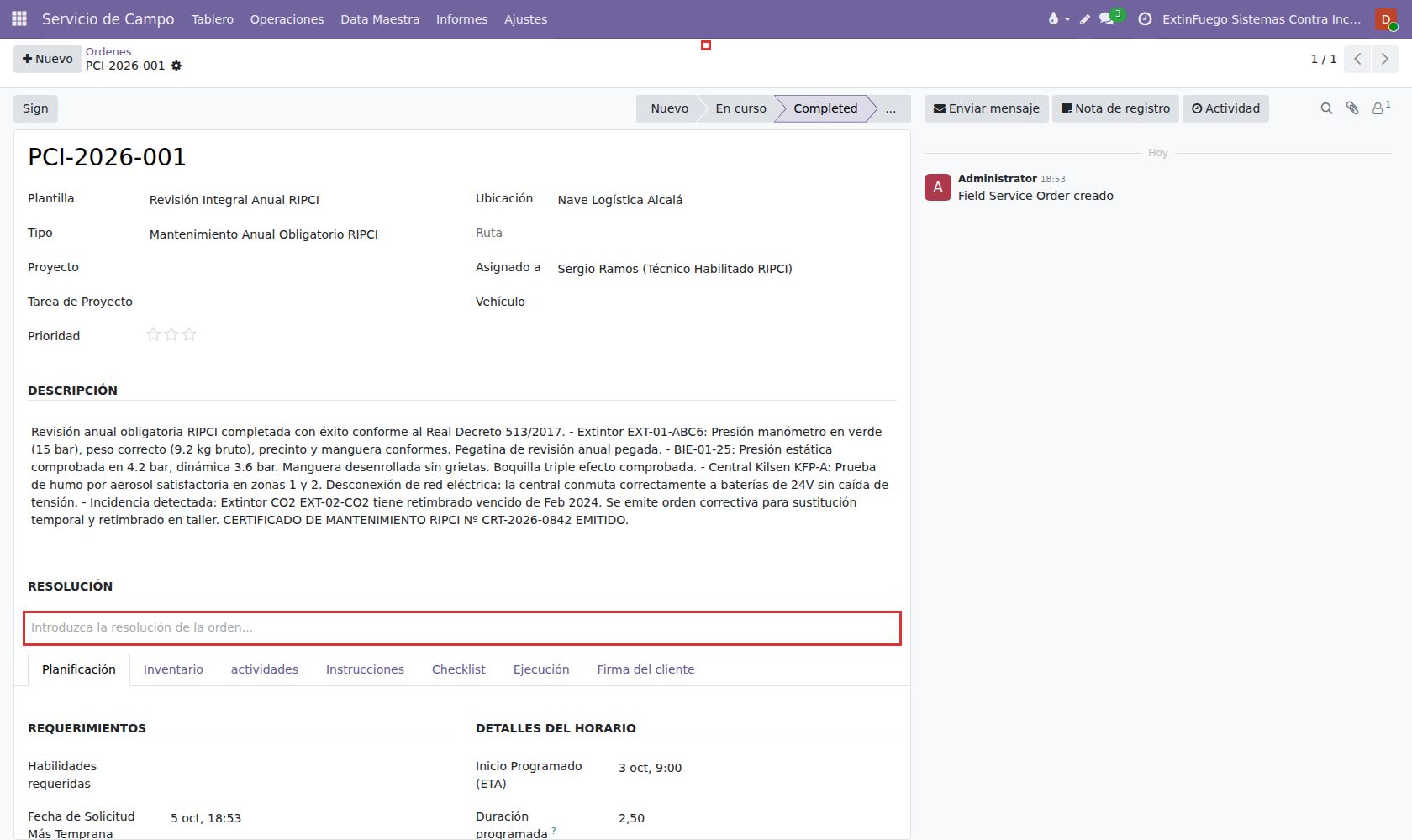 Firma digital de D. Manuel Gómez (Responsable de Prevención) registrada en la orden.
