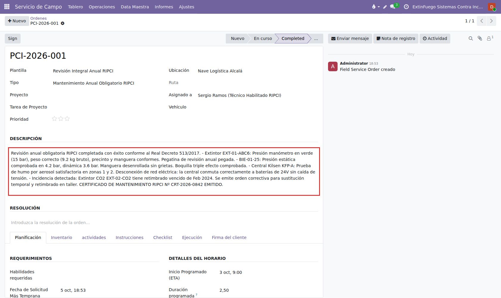 Certificado Oficial de Mantenimiento Periódico RIPCI emitido y listo para entrega a aseguradora.